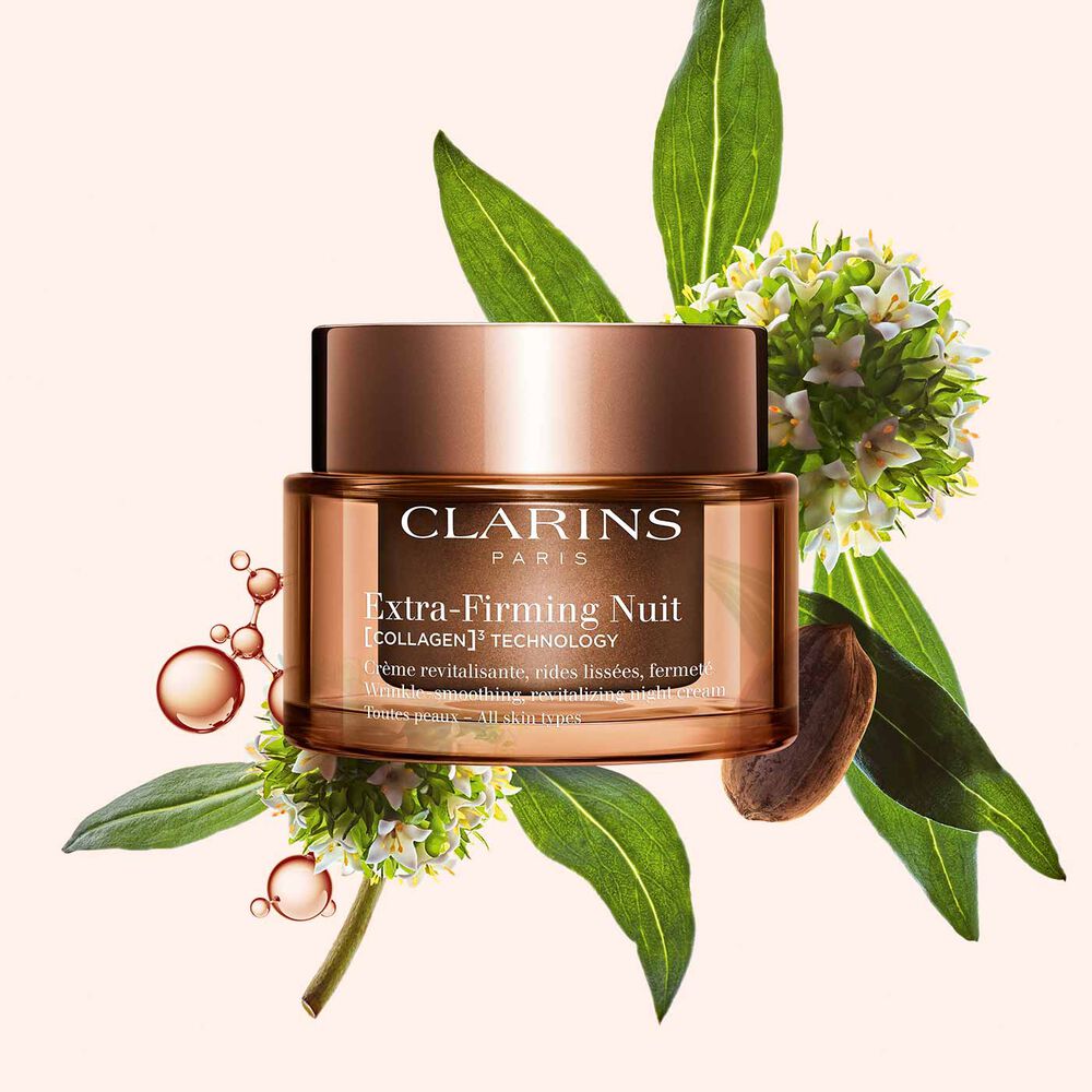 Packshot of Clarins Extra Firming Night Cream for all skin types, alongside mitracarpus plant, pecan seed, and collagen molecule