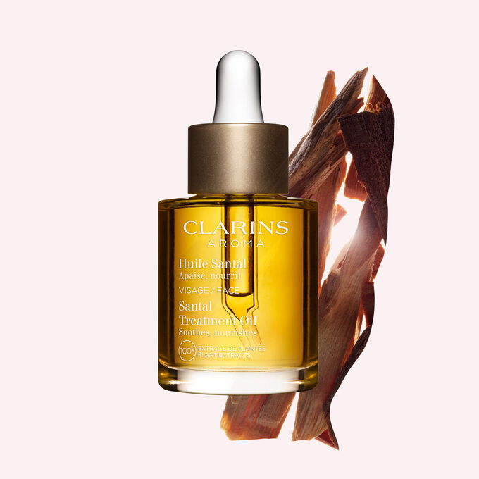 Clarins Santal -kasvohoito&ouml;ljy sis&auml;lt&auml;&auml; sataprosenttisesti puhtaita kasviuutteita, jotka ravitsevat ja rauhoittavat eritt&auml;in kuivaa ihoa.
