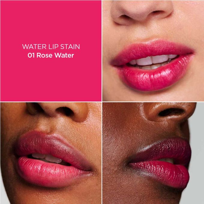 L&auml;hikuva naisen huulista, joka havainnollistaa Fushia Water Lip Stain -huuliv&auml;rin tuloksen s&auml;vyss&auml; 01, joka tuo kosteutta, v&auml;ri&auml; ja mattapintaisen lopputuloksen.