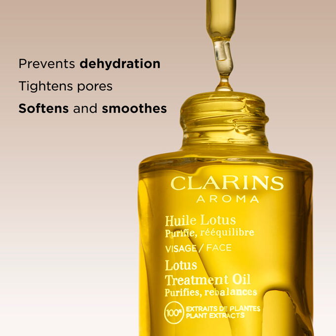 Kuva Clarins Lotus Face Treatment Oil &ouml;ljyst&auml; ja teksti &ouml;ljyn tasapainottavasta vaikutuksesta rasvoittuvalle iholle
