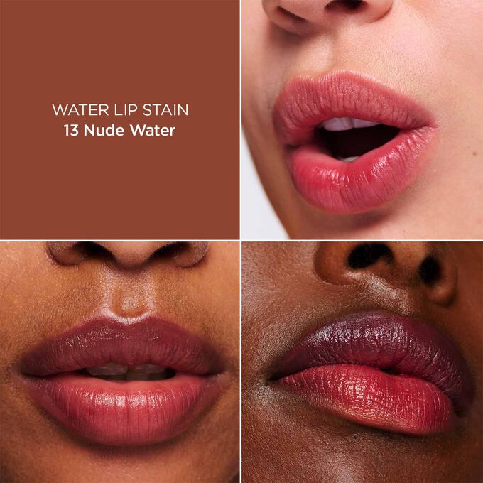 L&auml;hikuva naisen huulista, joka havainnollistaa Brown Water Lip Stain -huuliv&auml;rin tuloksen s&auml;vyss&auml; 13, joka tuo kosteutta, v&auml;ri&auml; ja mattapintaisen lopputuloksen.