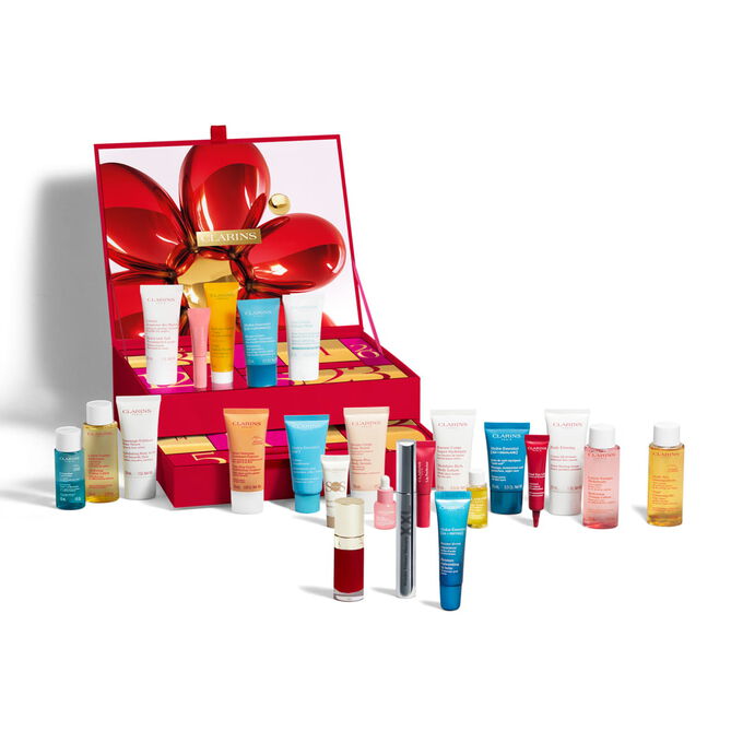 Tuotekuva Clarins 24 Days Beauty -joulukalenterista, jossa on suosikkeja p&auml;ivitt&auml;iseen kauneuden- ja ihonhoitorutiiniin