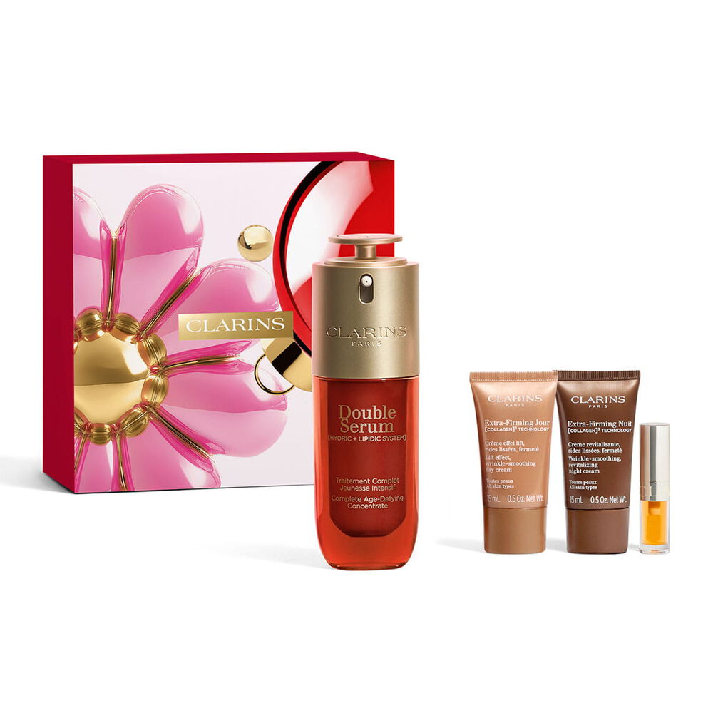 Tuotekuva Clarins Double Serum -joulusetist&auml;, jossa on suosikkeja p&auml;ivitt&auml;iseen ihonhoitoon ik&auml;&auml;ntymisen merkkej&auml; vastaan