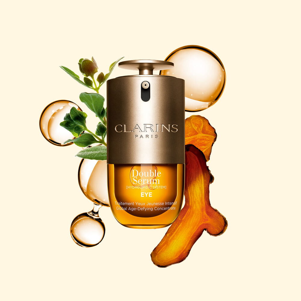 Double Serum Eye -silm&auml;nymp&auml;rysseerumi, joka sis&auml;lt&auml;&auml; kurkumaa, meiramiuutetta, niasiiniamidia ja kofeiinia, t&auml;ydelliseen kosteuttavaan silm&auml;nymp&auml;ryksen hoitorutiiniin.