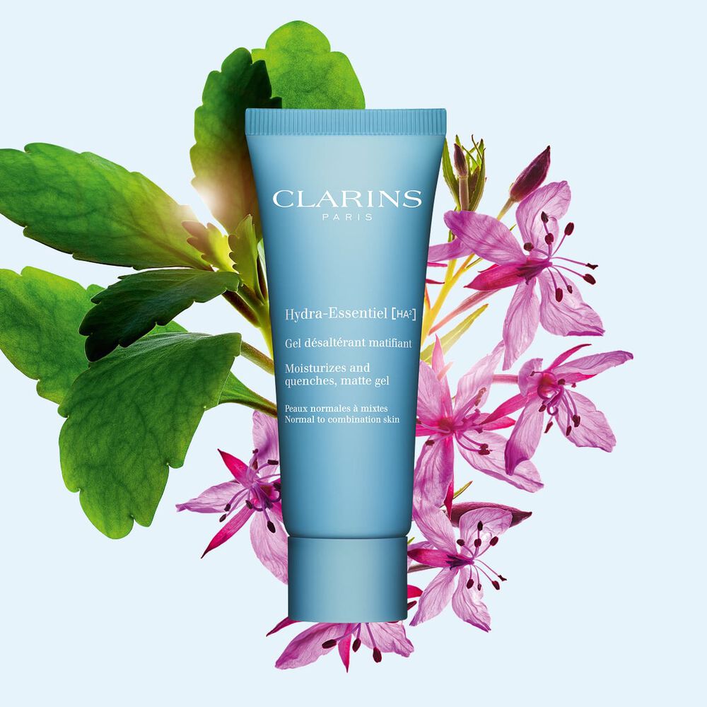 Kuva Clarins Hydra-Essentiel Matte Gel p&auml;iv&auml;voiteesta, joka sis&auml;lt&auml;&auml; kosteuttavaa ja kiiltoa hillitsev&auml;&auml; hyaluronihappoa.