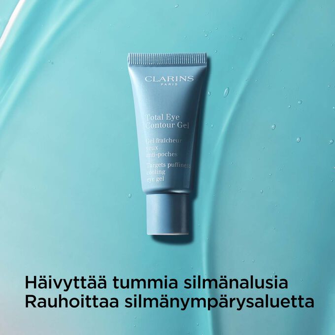 Kuva Clarins Total Eye Contour Gel silmänympärysgeelistä ja teksti tummia silmänympäryksiä häivyttävästä ja rauhoittavasta vaikutuksesta