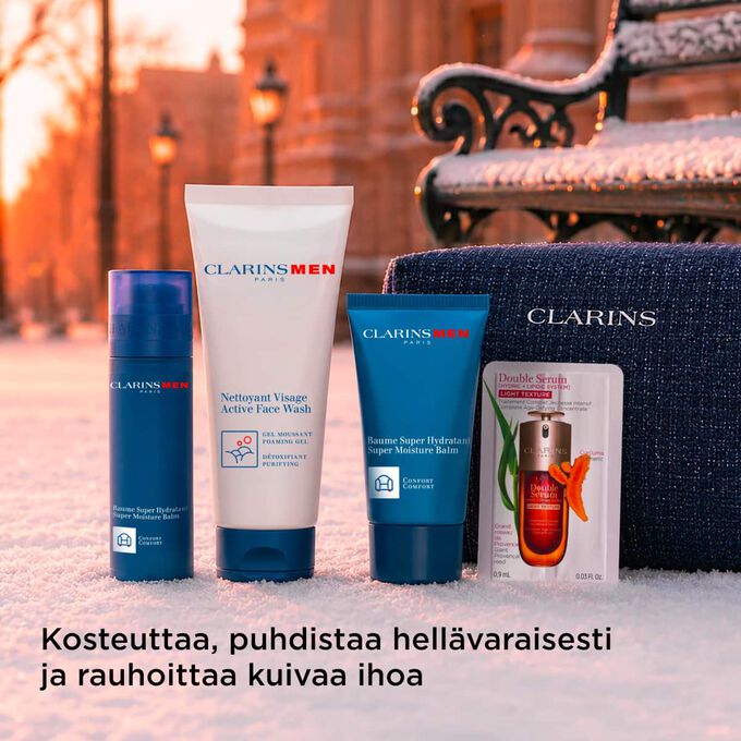 Tuotekuva Clarins Men -joulusetist&auml;, jonka hoitotuotteet kosteuttavat, puhdistavat ja rauhoittavat kuivaa tai herkk&auml;&auml; ihoa