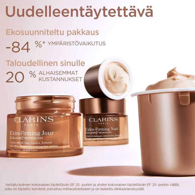 Focus on the Extra Firming Day Cream packaging to illustrate that refillable day cream is a sustainable and economical option.