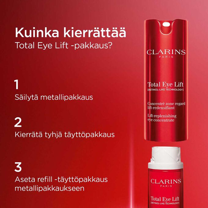 Miten kierr&auml;tt&auml;&auml; Clarins Total Eye Lift: S&auml;ilyt&auml; metallipakkaus, kierr&auml;t&auml; tyhj&auml; t&auml;ytt&ouml;pakkaus ja aseta uusi uudelleen t&auml;ytett&auml;v&auml; pakkaus pakkaukseen.
