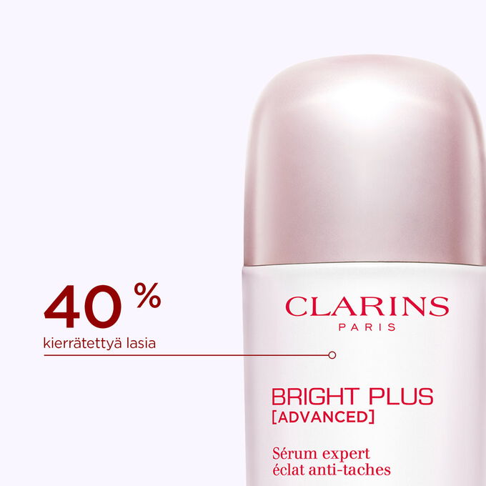 L&auml;hikuva Bright Plus Expert Serum -pullon yl&auml;osasta, joka korostaa, ett&auml; se on valmistettu 40 % kierr&auml;tetyst&auml; lasista.
