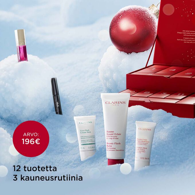 Packshot Clarinsin 12 Days -joulukalenterista, jossa on ympäristöystävällisesti suunniteltu pakkaus – tarkoitettu uudelleenkäytettäväksi joulun jälkeen