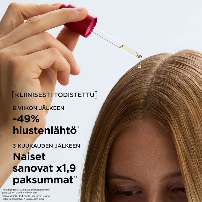 Hiuspohjaseerumin levitys suoraan p&auml;&auml;nahkaan tukee hiusten kest&auml;vyytt&auml; ja lis&auml;&auml; tuuheuden tunnetta, j&auml;tt&auml;en hiukset paksumman n&auml;k&ouml;isiksi.