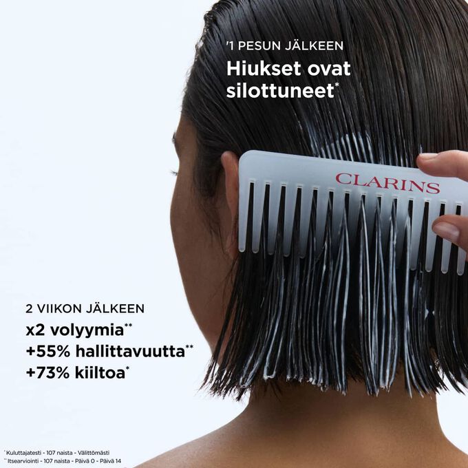 Silottavan hoitoaineen tulokset hiuksissa: kaksinkertainen volyymi ja seitsem&auml;nkymment&auml;kolme prosenttia enemm&auml;n kiiltoa sek&auml; helpommin muotoillut hiukset.