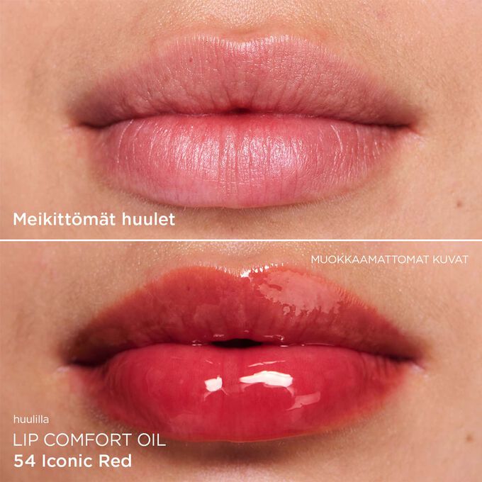 Ennen ja jälkeen lähikuva naisen huulista, joka näyttää tuloksen huulilla punaisen huuliöljyn levittämisen jälkeen.