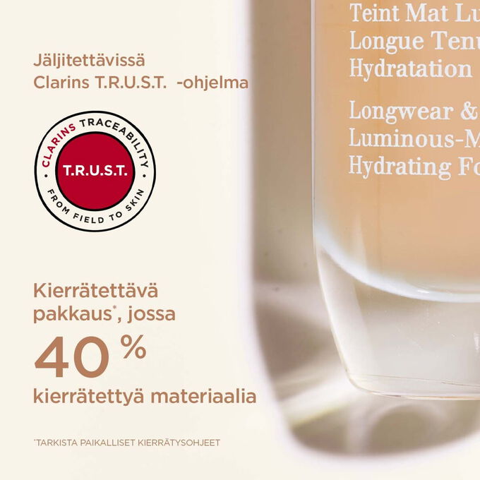 L&auml;hikuva pakkauksesta, joka sis&auml;lt&auml;&auml; 40 % kierr&auml;tetty&auml; materiaalia ja on j&auml;ljitett&auml;viss&auml; Clarins T.R.U.S.T. -j&auml;rjestelm&auml;ss&auml;.