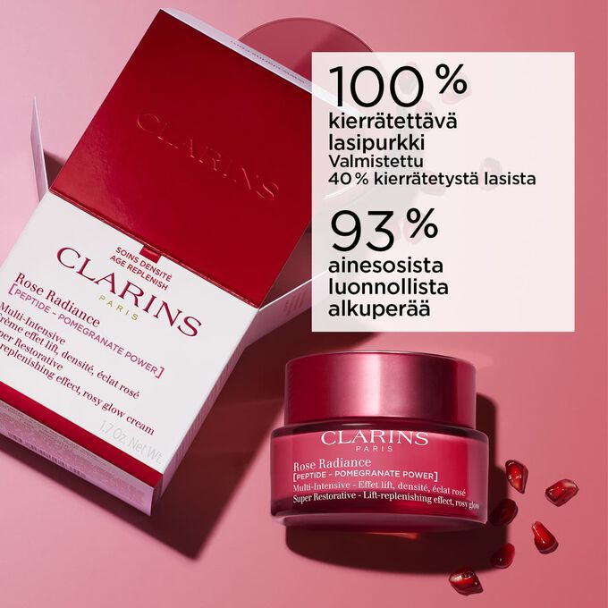 Super Restorative Rose Radiance, jossa 100 % kierr&auml;tett&auml;v&auml; lasipurkki ja 93 % luonnollista alkuper&auml;&auml; olevia ainesosia.