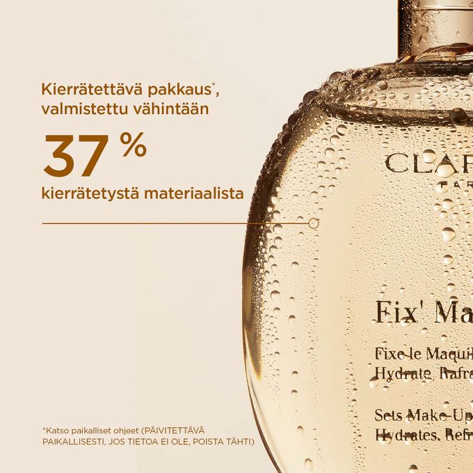 L&auml;hikuva Makeup Fixer Spray -lasipullosta, joka osoittaa sen olevan valmistettu 40 % kierr&auml;tetyst&auml; lasista ja tuotettu Ranskassa.