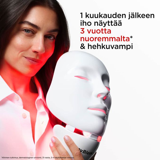 Pakkauskuva myBlendin myLEDmask2-kasvo- ja kaulanaamiosta yhteisty&ouml;ss&auml; Clarins Distributionin kanssa