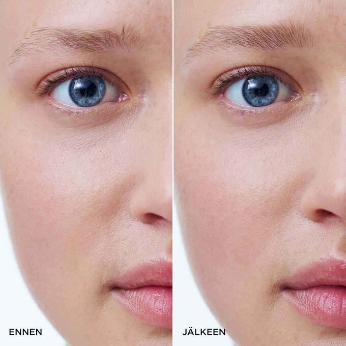 Ennen&ndash;j&auml;lkeen-kuva naisen kulmista Clarins 2-in-1 Blond Brow Pencil -kulmakyn&auml;n k&auml;yt&ouml;n j&auml;lkeen, joka n&auml;ytt&auml;&auml; t&auml;ytel&auml;isemm&auml;t ja selke&auml;mmin muotoillut kulmat.
