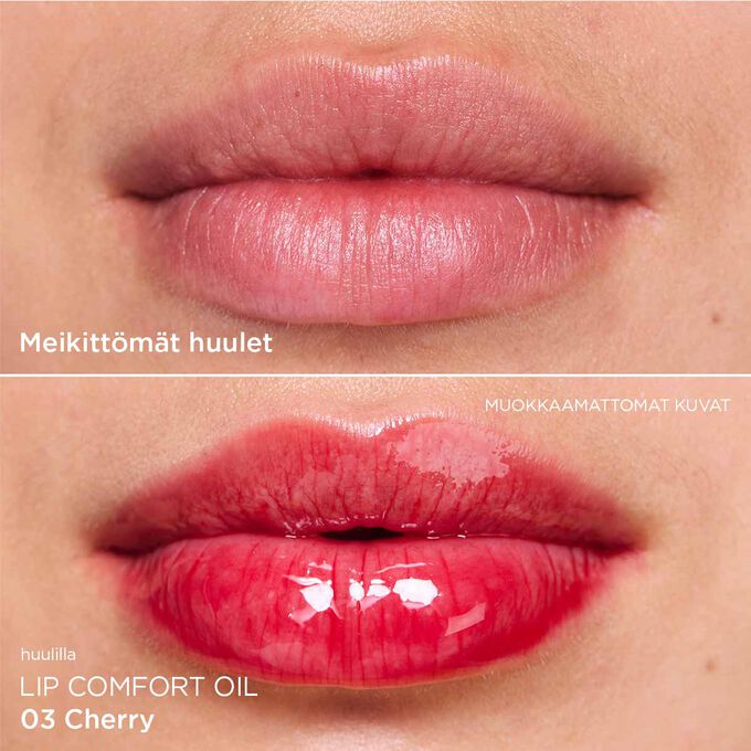 Ennen ja jälkeen lähikuva naisen huulista, joka näyttää lopputuloksen tummanpunaisen huuliöljyn levittämisen jälkeen.