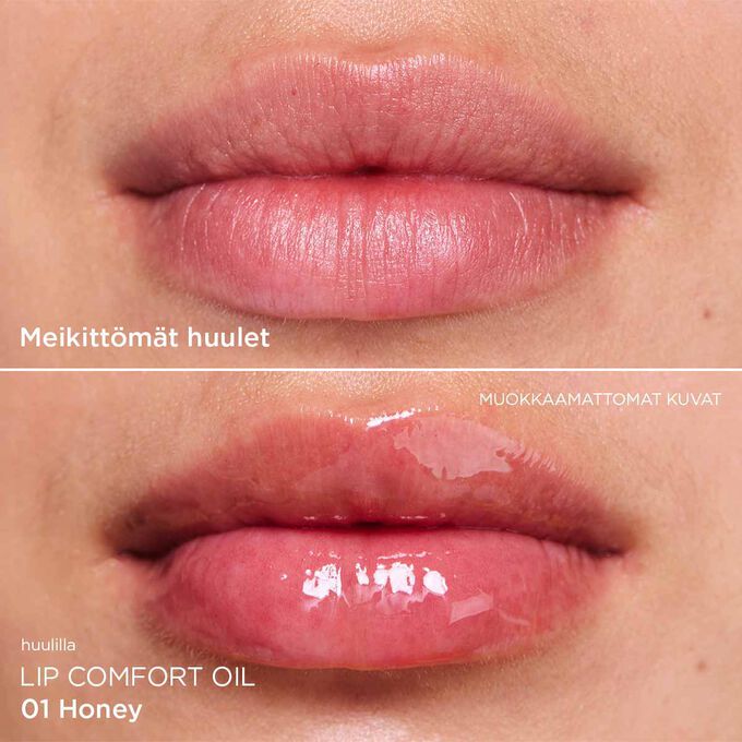 Ennen ja jälkeen lähikuva naisen huulista, joka näyttää tulokset oranssin huuliöljyn levittämisen jälkeen