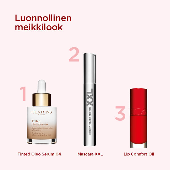 Clarinsin meikkituotteet luonnolliseen lopputulokseen, jossa on sävytetty seerumi, volyymia antava ripsiväri ja punainen huuliöljy.