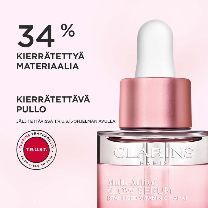 Lähikuva Multi-Active Glow Serum -pullon korkista, joka korostaa 34 % kierrätettyä materiaalia ja kierrätettävää muotoilua.