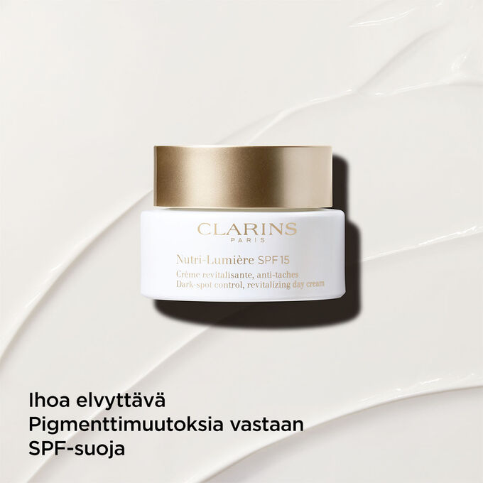 Pigmenttil&auml;iski&auml; ehk&auml;isev&auml; p&auml;iv&auml;voide SPF 15:ll&auml; teksturoidulla taustalla, joka korostaa sen ihoa elvytt&auml;v&auml;&auml; vaikutusta