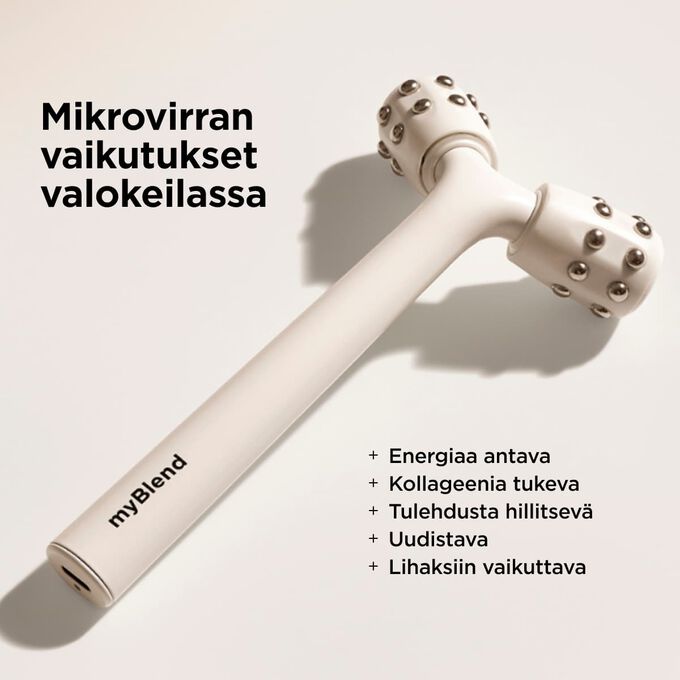 Valkoinen myLIFTINGroller-kasvohierontalaite ja lista ik&auml;&auml;ntymisen merkkej&auml; ehk&auml;isevist&auml; mikrovirran vaikutuksista.