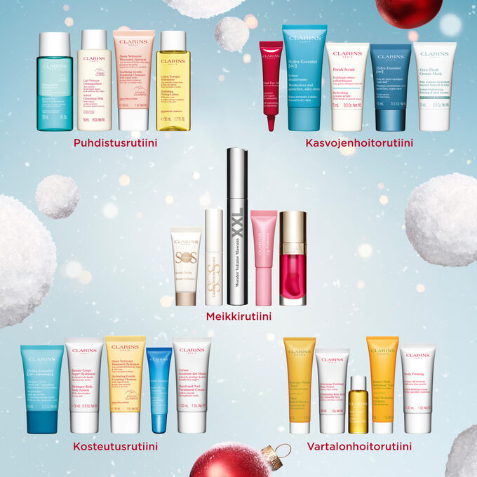 Packshot Clarinsin Skincare & Make-up -joulukalenterista, jossa on 4 täysikokoista tuotetta, 17 näytettä ja 3 minikokoa