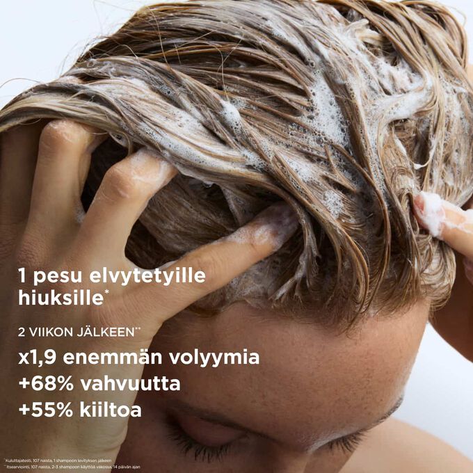 Volyymishampoo litteille hiuksille: kuusikymment&auml;kahdeksan prosenttia enemm&auml;n vahvuutta ja kiiltoa kahden viikon k&auml;yt&ouml;n j&auml;lkeen.