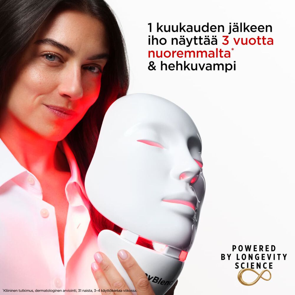 Pakkauskuva myBlendin myLEDmask2-kasvo- ja kaulanaamiosta yhteisty&ouml;ss&auml; Clarins Distributionin kanssa