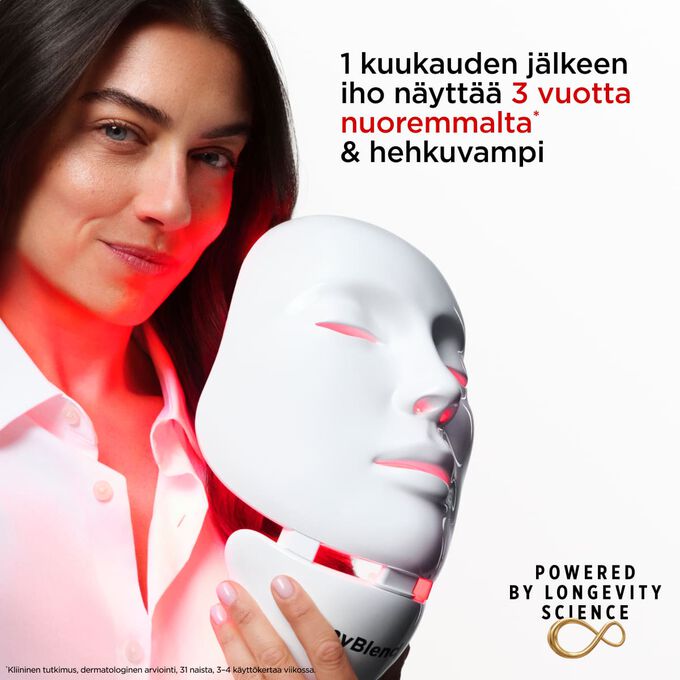 Pakkauskuva myBlendin myLEDmask2-kasvo- ja kaulanaamiosta yhteisty&ouml;ss&auml; Clarins Distributionin kanssa