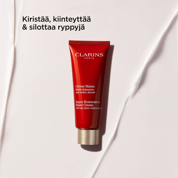 Kuva Clarins Super Restorative Hand Cream käsirasvasta, joka kiinteyttää ja kiristää ihoa ja silottaa ryppyjä.