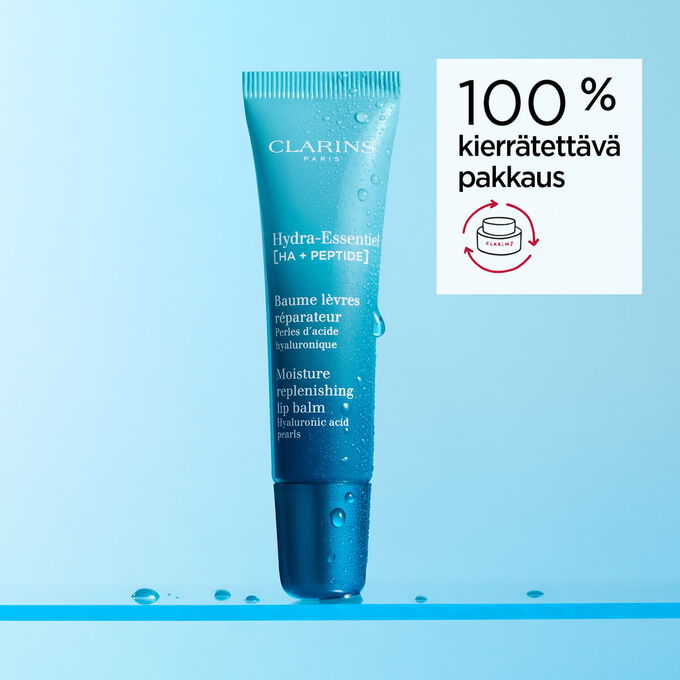 Hydra Essentiel Lip Balm 100 % kierr&auml;tett&auml;v&auml;ll&auml; pakkauksella.