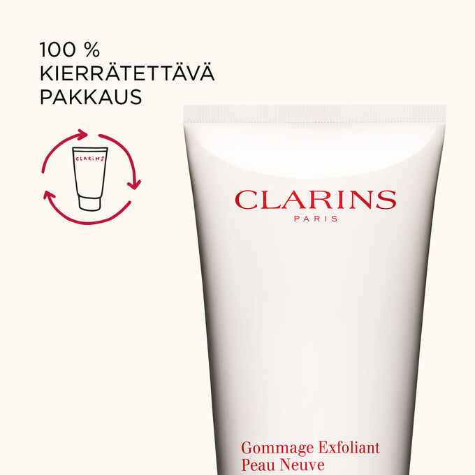 Lähikuva Clarins Exfoliating Body Scrubin tuubin yläosasta korostamassa, että koko pakkaus on kierrätettävissä