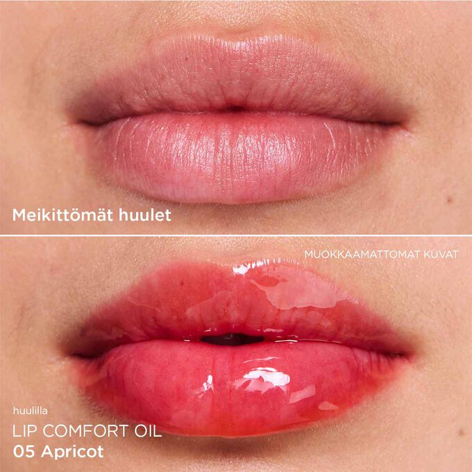 Ennen ja jälkeen lähikuva naisen huulista, joka näyttää lopputuloksen oranssin sävyisen huuliöljyn levittämisen jälkeen.