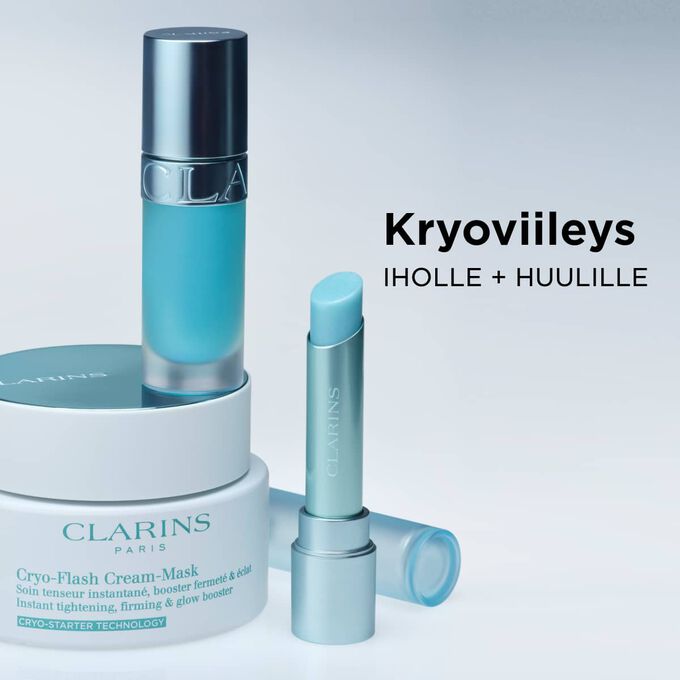 Clarins Cryo Coolness -sarjan tuotekuva iholle ja huulille esittelee viilent&auml;vi&auml; ja rauhoittavia tuotteita t&auml;ytel&auml;ist&auml;v&auml;ll&auml; vaikutuksella