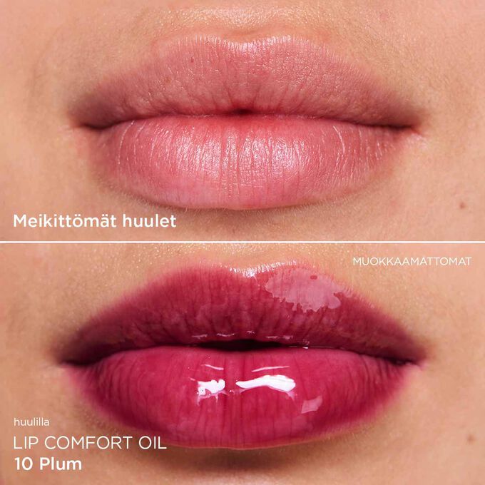 Ennen ja jälkeen -läheltä otettu kuva naisen huulista, joka näyttää lopputuloksen tumman violetin sävyisen huuliöljyn jälkeen