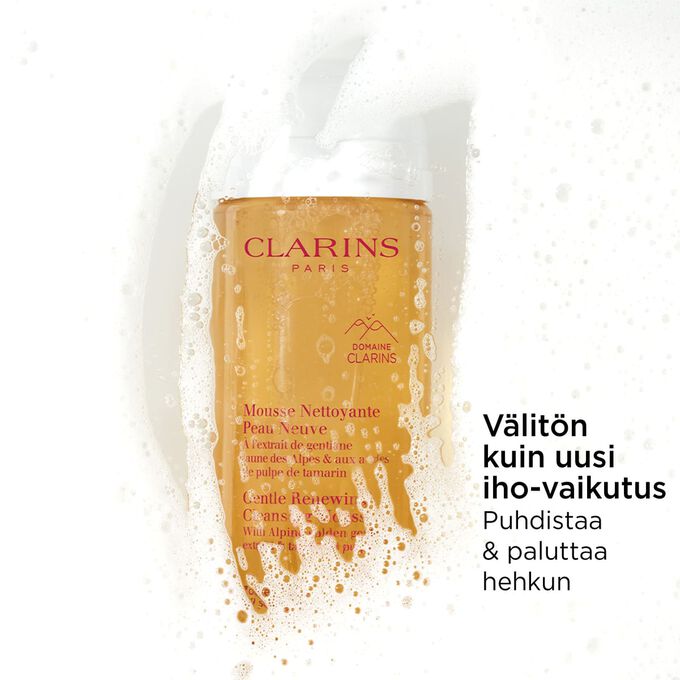 Pakkauskuva oranssista pullosta, jossa on vaahtoava kasvojenpuhdistusaine vaahdon alla sek&auml; teksti sen uuden ihon vaikutuksesta.