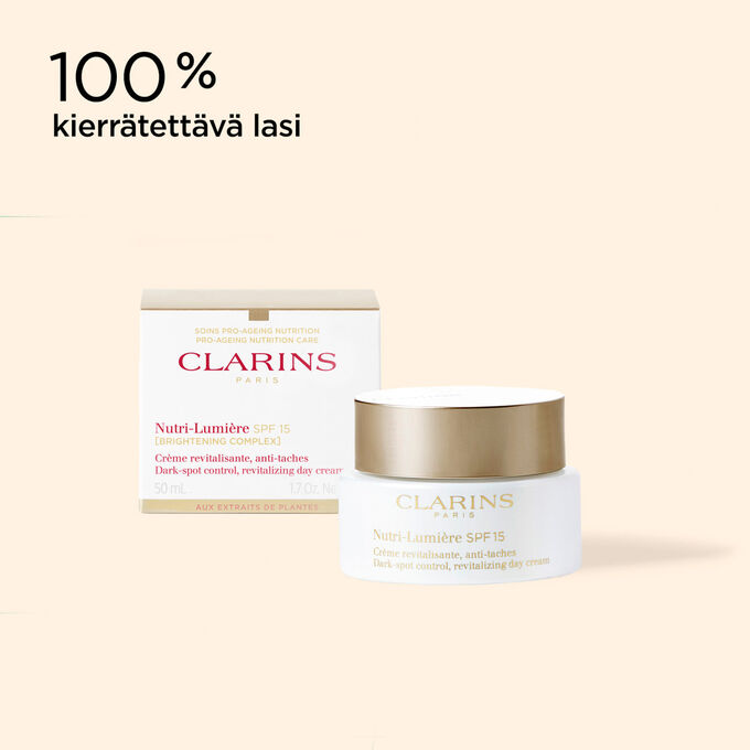 Anti-age-voiteen Nutri-Lumi&egrave;re SPF 15 purkki ja sen pakkaus havainnollistamassa kierr&auml;tett&auml;v&auml;&auml; alkuper&auml;&auml;.