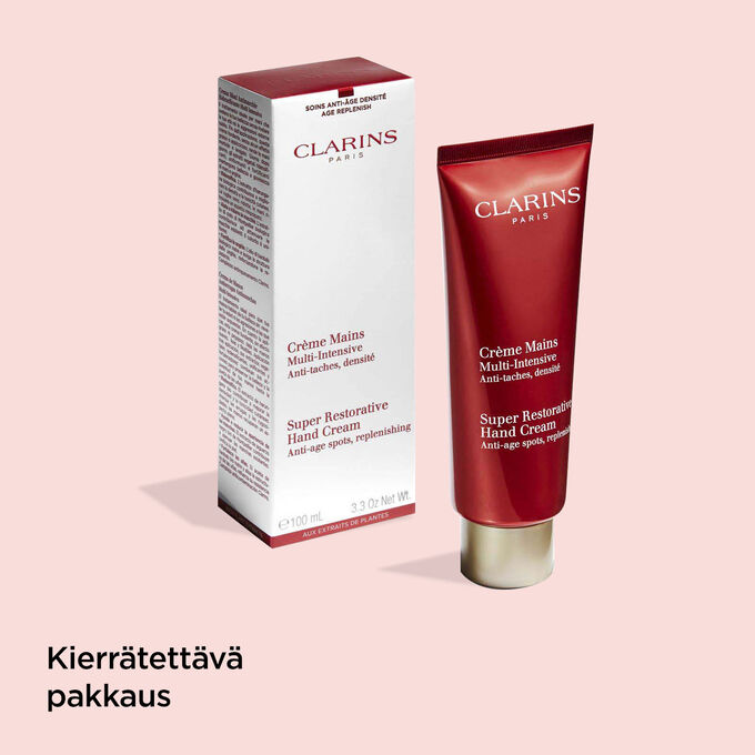 Clarins Super Restorative Hand Cream tuubi ja pakkaus, pakkauksissa käytetty kierrätysmateriaaleja