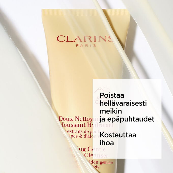 Packshot keltaisesta tuubista, jossa on Clarinsin kosteuttava vaahtoava kasvojenpuhdistusaine vaahdon alla, tekstill&auml; sen rauhoittavasta vaikutuksesta.
