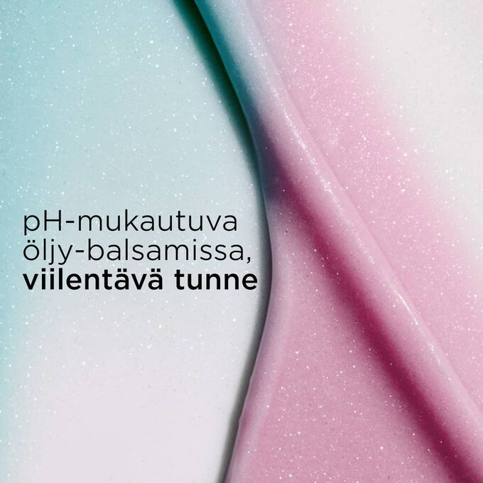 Teksturoitu tausta, jossa on vaaleanpunaisia ja sinisi&auml; huulivoiteita, havainnollistaa pH-mukautuvaa &ouml;ljy-balsamissa -koostumusta viilent&auml;v&auml;ll&auml; vaikutuksella