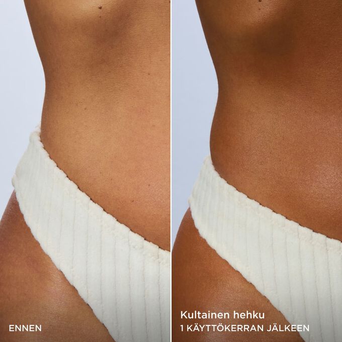 Ennen- ja j&auml;lkeen-kuva naisen vartalosta, joka osoittaa luonnollisen kultaisen hehkun yhden Clarins Body Self-Tan Lotion -levityskerran j&auml;lkeen.