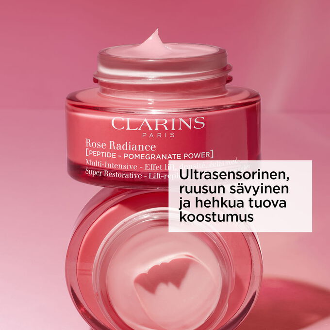 Super Restorative Rose Radiance -tuotekuva ultrasensorisella, ruusun s&auml;vyisell&auml; ja hehkua antavalla koostumuksella.