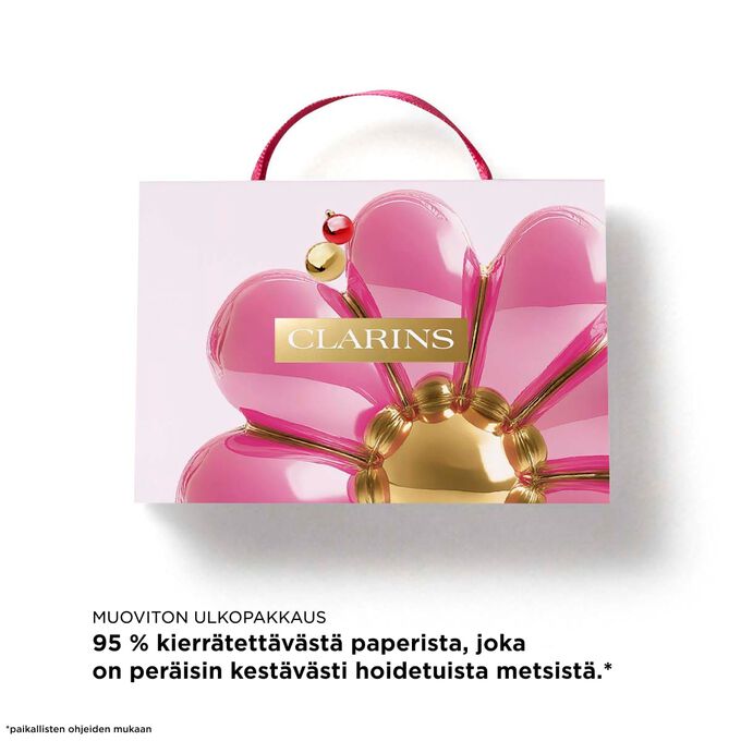 Clarins Lip Oils -joulusetti ja teksti pussista, joka on valmistettu 87 % kierr&auml;tyskuiduista kest&auml;v&auml;&auml; lahjaa varten