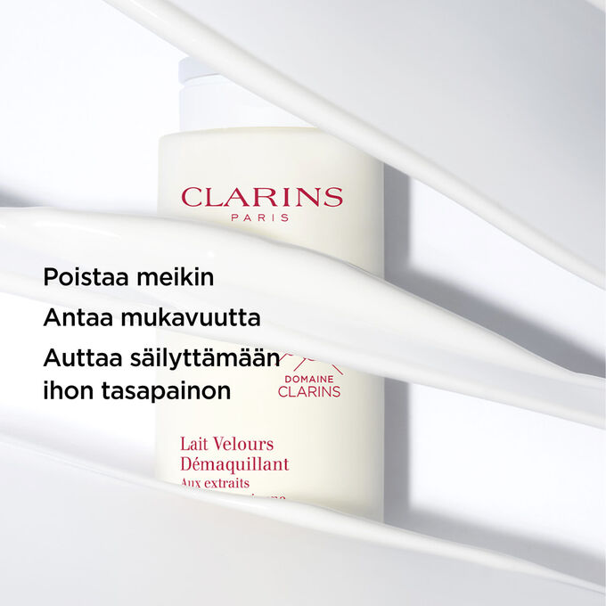 Packshot beigest&auml; pullosta Velvet Cleansing Milk -puhdistusmaitoa Clarinsilta, osittain piilossa, tekstill&auml; sen puhdistavasta vaikutuksesta.