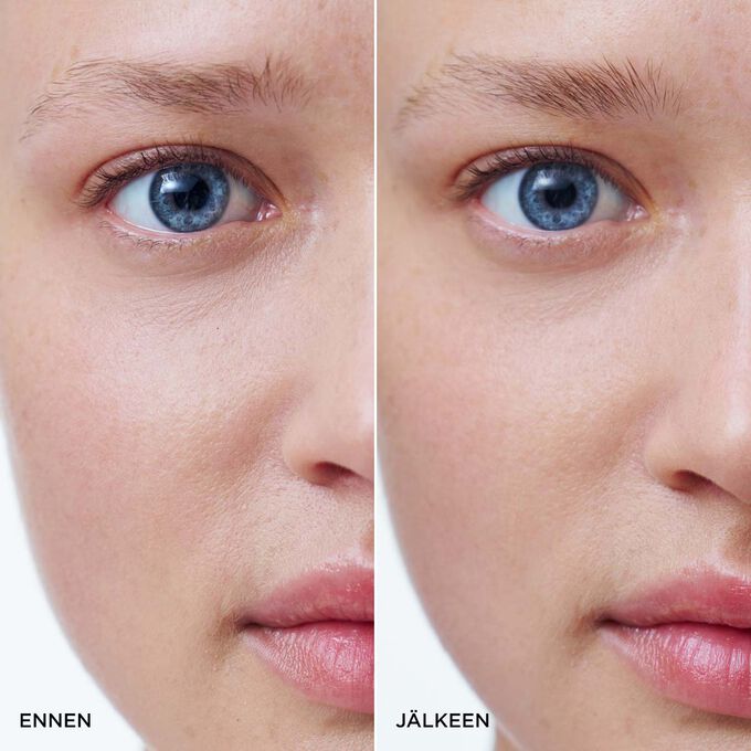 Ennen&ndash;j&auml;lkeen-kuva naisen kulmista Clarins s&auml;vytt&auml;m&auml;tt&ouml;m&auml;n Brow Gel -kulmageelin k&auml;yt&ouml;n j&auml;lkeen, joka n&auml;ytt&auml;&auml; kohotetut, selke&auml;sti muotoillut ja luonnollisesti m&auml;&auml;ritellyt tulokset.