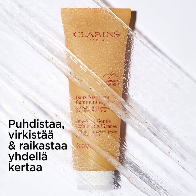 Pakkauskuva oranssista kasvojenpuhdistustuubista, jossa on teksti sen 3-in-1-vaikutuksesta: meikinpoisto, puhdistus ja kuorinta.